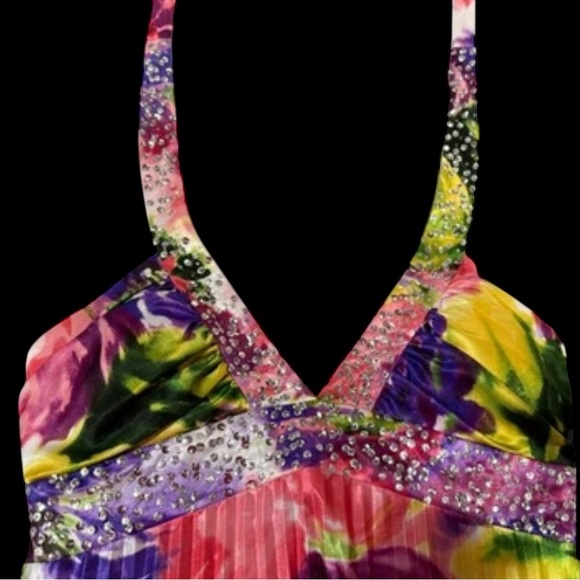 Vintage Beaded Halter Dress Y2K Watercolor Maxi Formal Fairy Sparkle Pink Prom - Picture 6 of 15